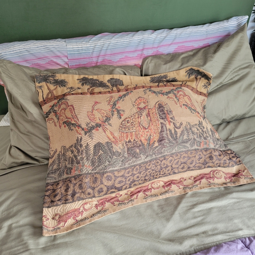 Decorative Beige Tapestry Pillow Sham with Ornate Print